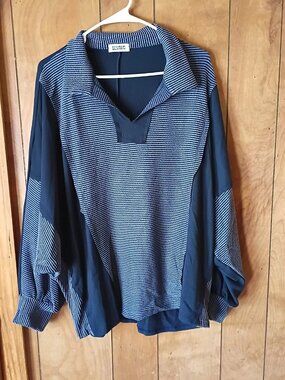 Blumin Navy Blue Contrast Collar Long Sleeve Top - Women's 1X NWT